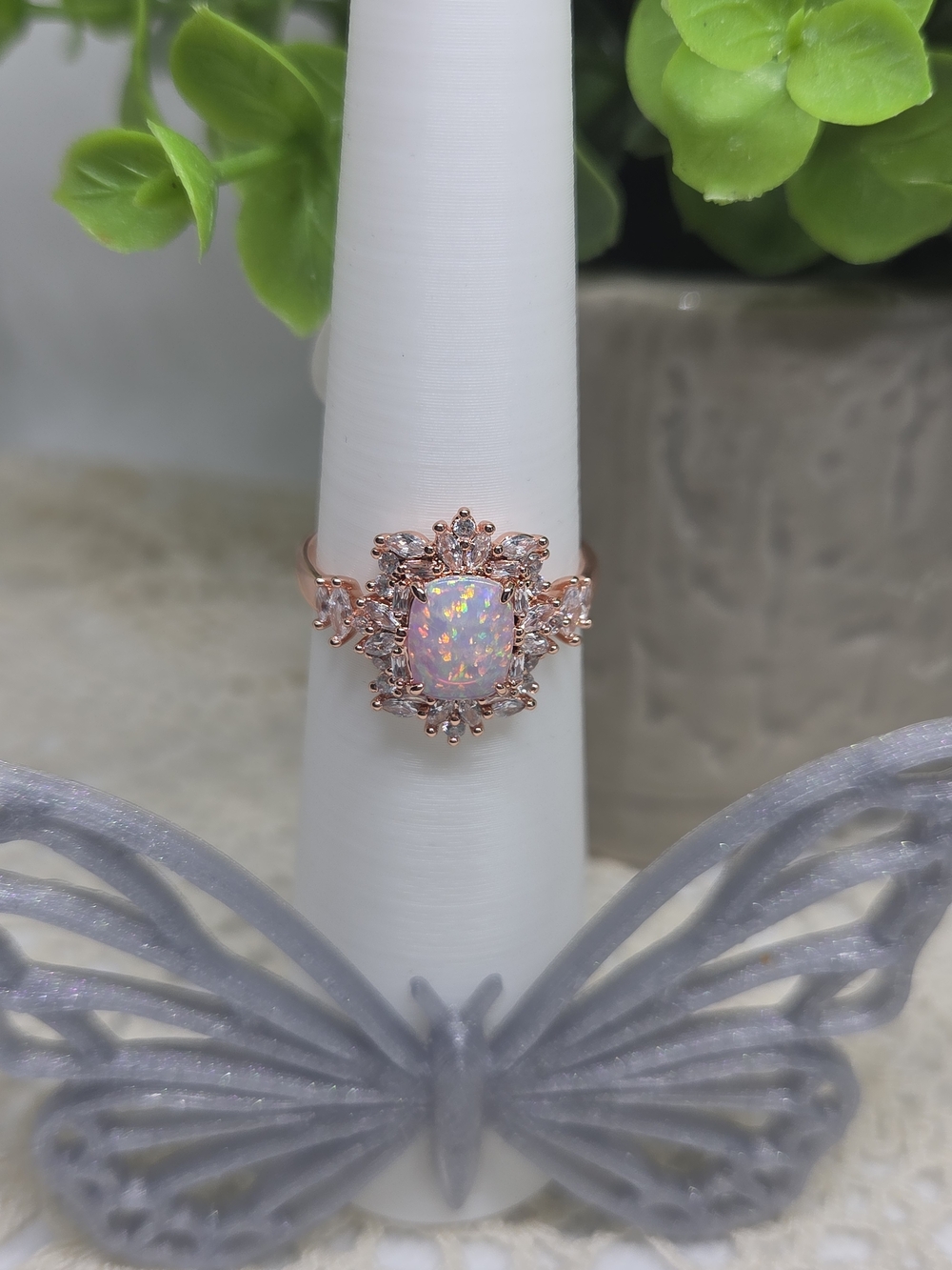 BP Milky White Opal Halo Ring On Rose Gold Plating